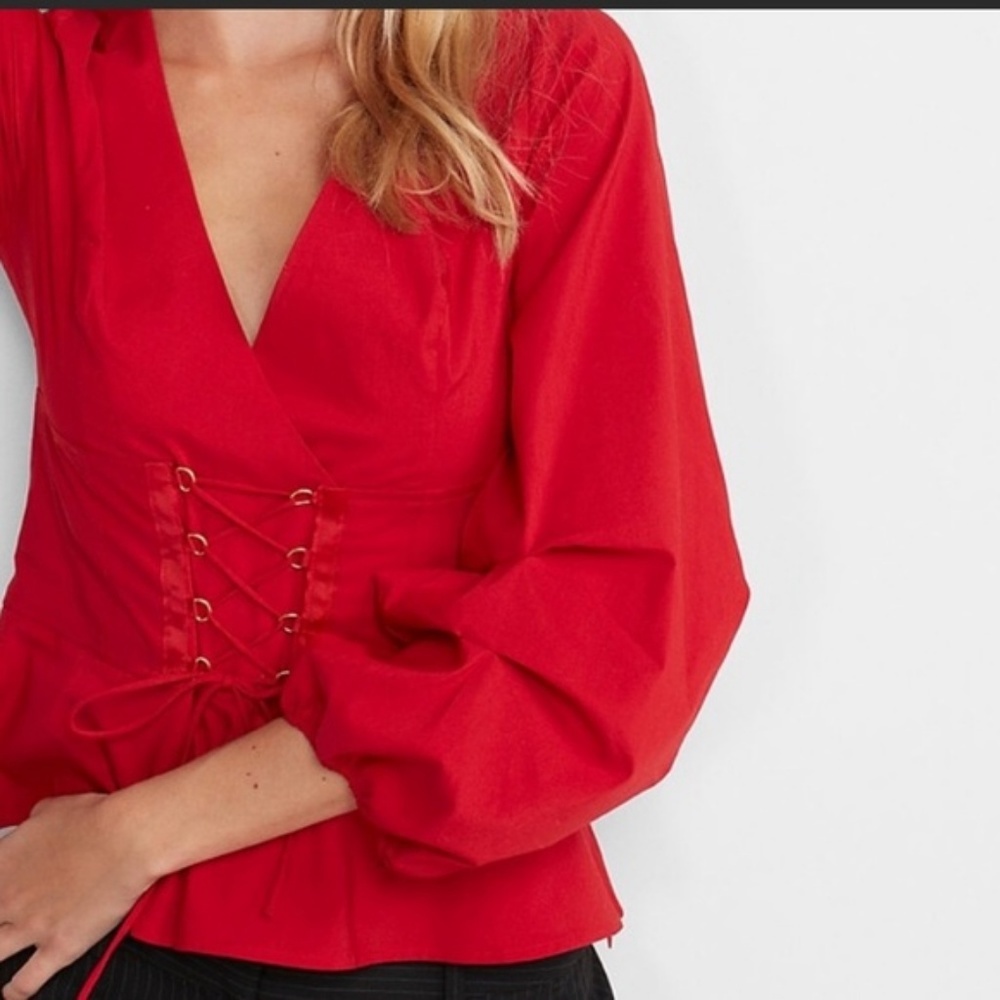 Express Red Volume Sleeve Corset Front Blouse Top